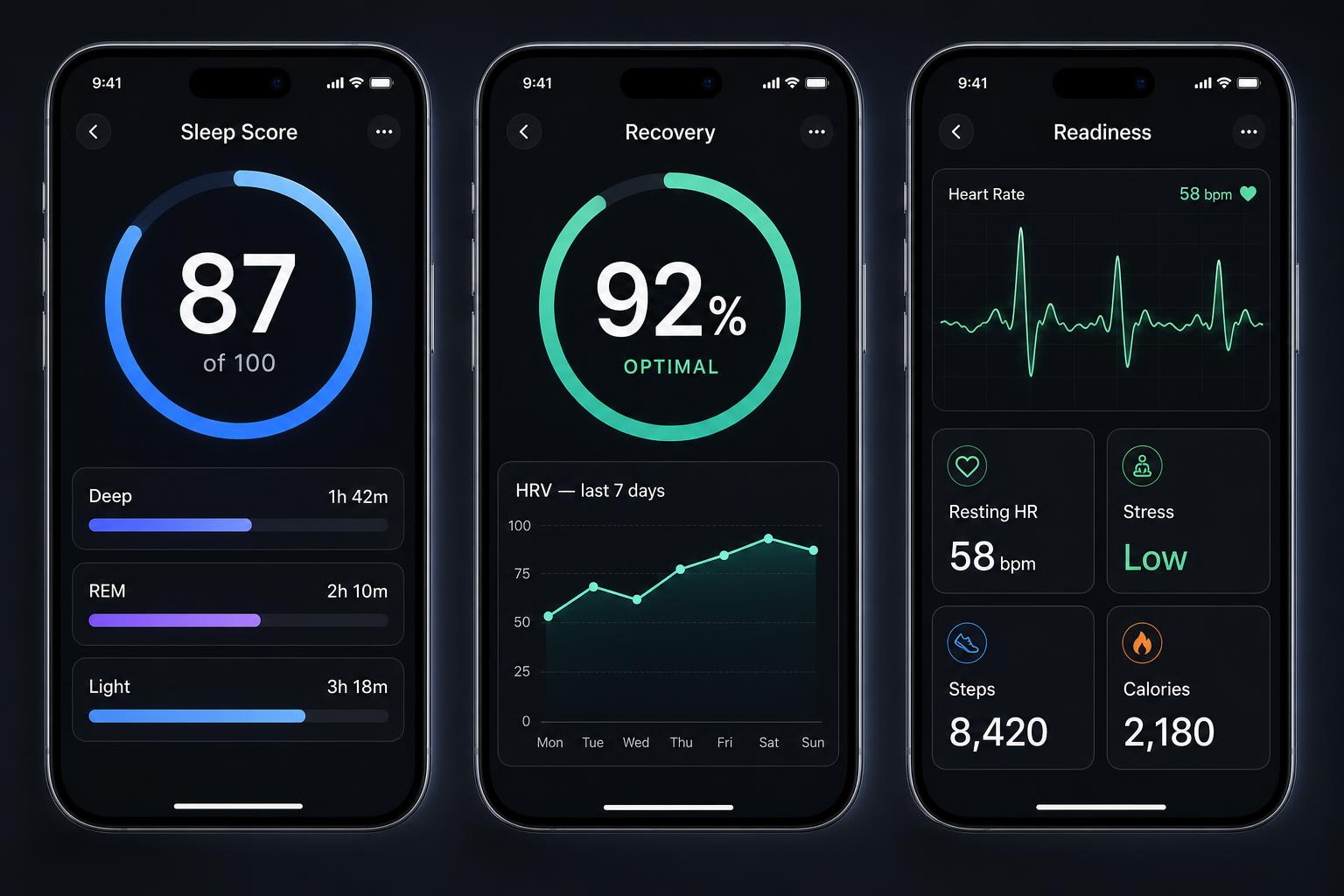 Apex Rings companion app — sleep score, recovery, and readiness screens